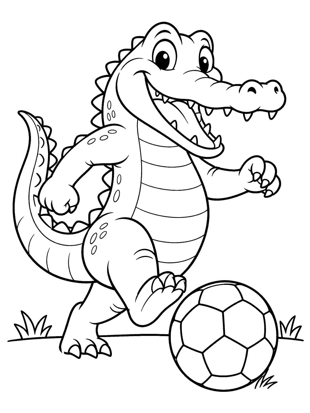 Energetic friendly crocodile lifting one foot toward a fully visible soccer ball, with a ground line and grass tufts.