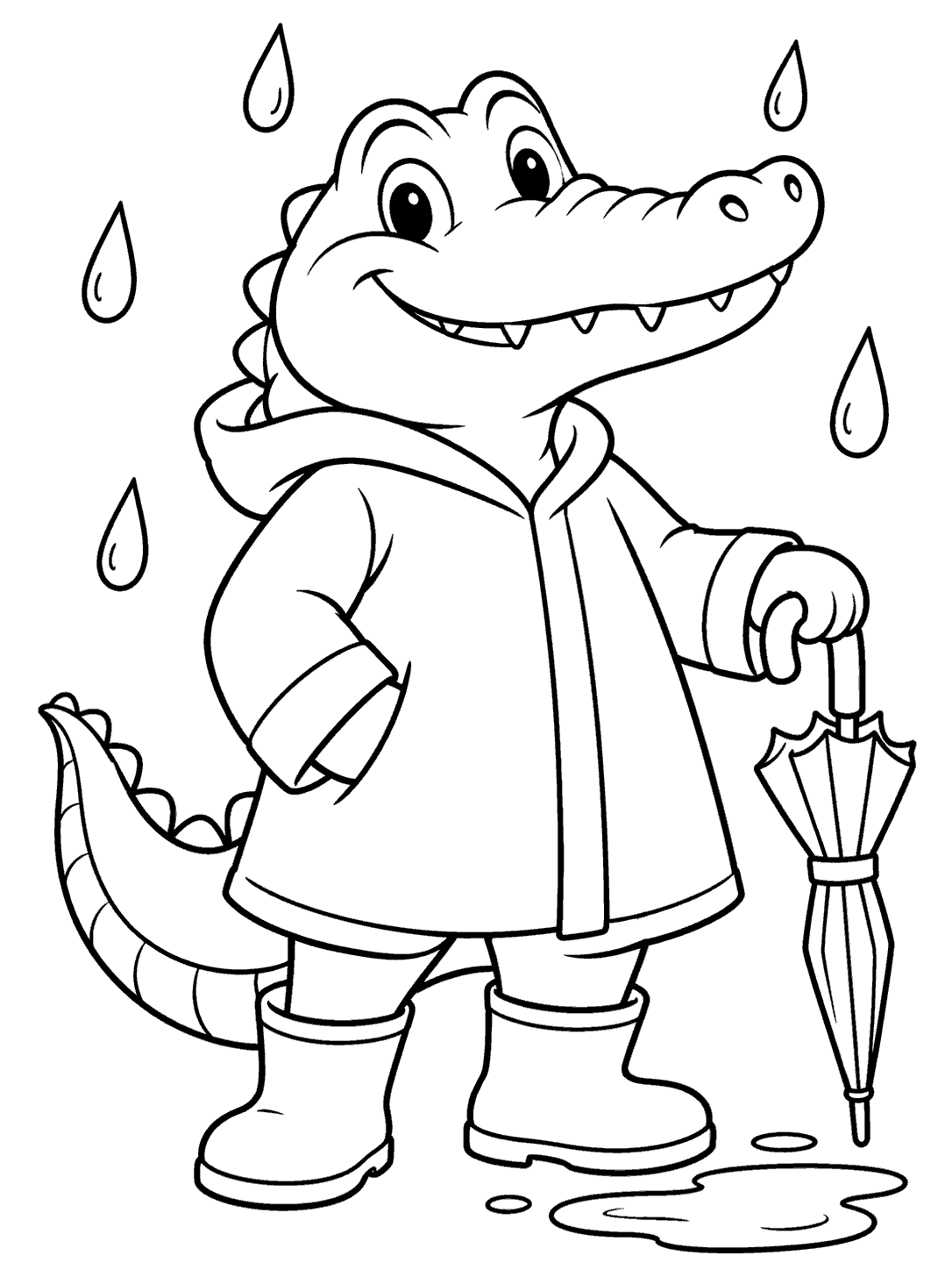 Smiling crocodile in a raincoat and boots holding a closed umbrella, with raindrops and a puddle.