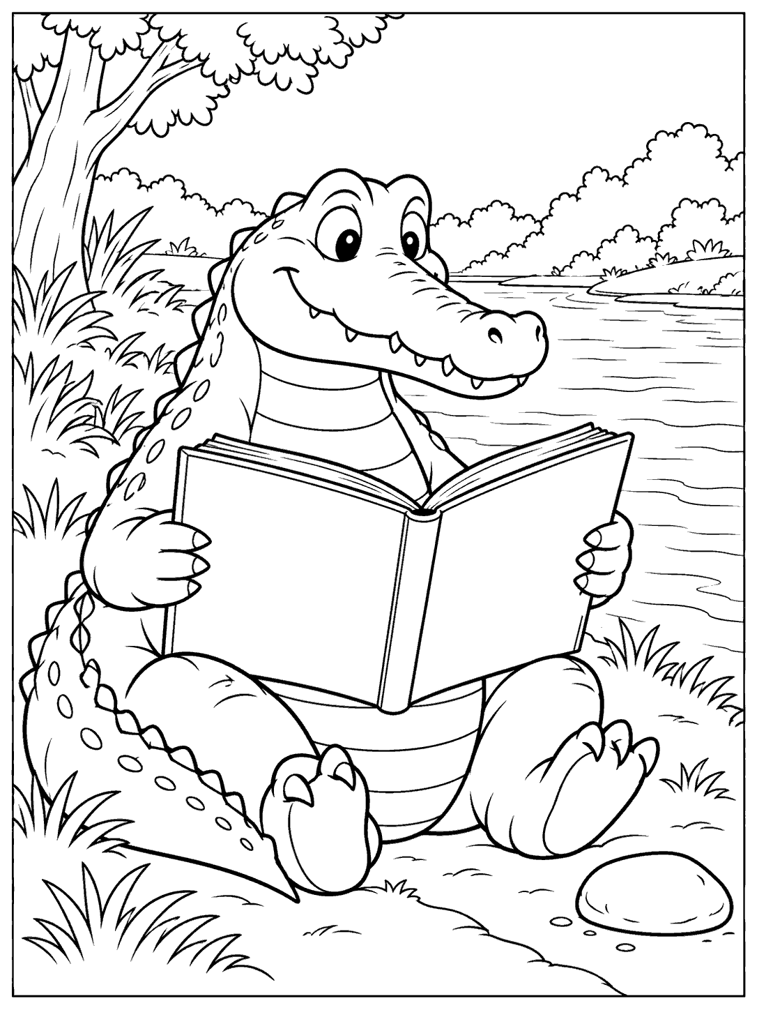 A seated crocodile with a calm smile holds a blank open book by a river, with a smooth stone nearby.