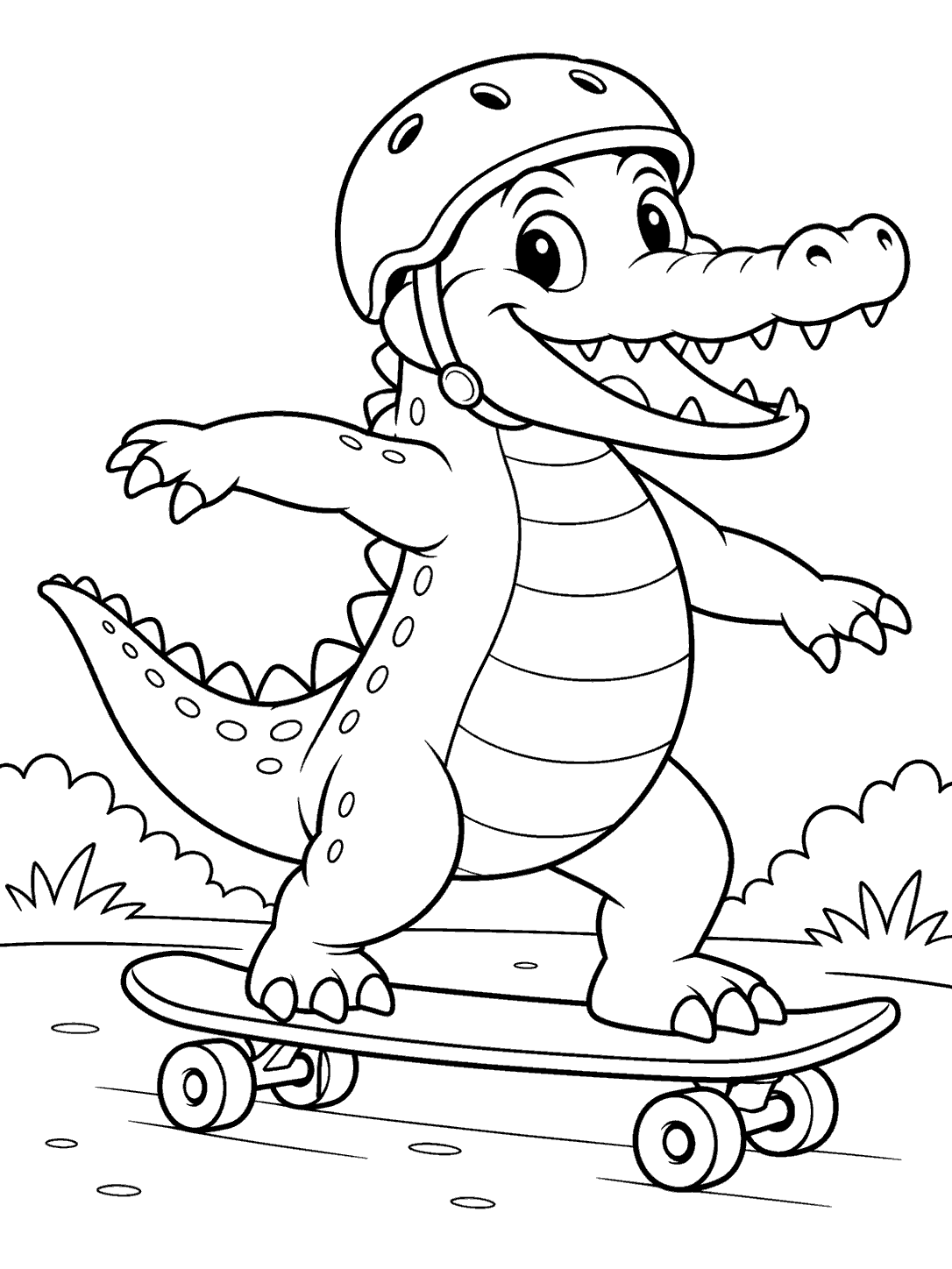Smiling crocodile in a rounded helmet standing on a skateboard with four visible wheels, grass, and a flat path.