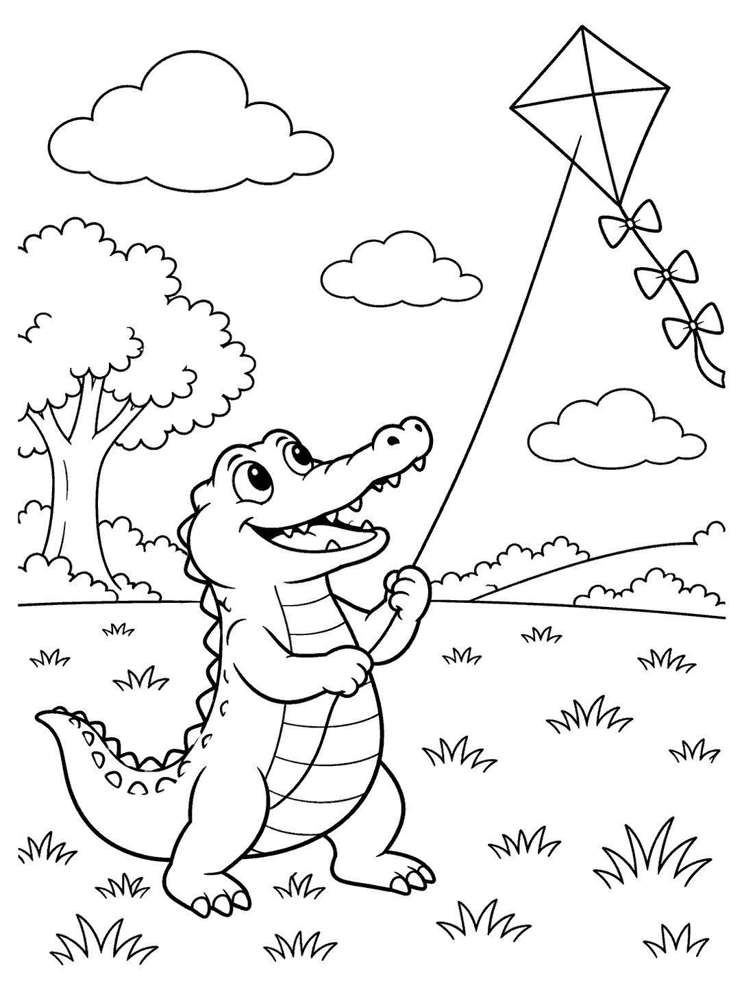A smiling crocodile looks up at a diamond-shaped kite while holding its clearly visible string in an open field.