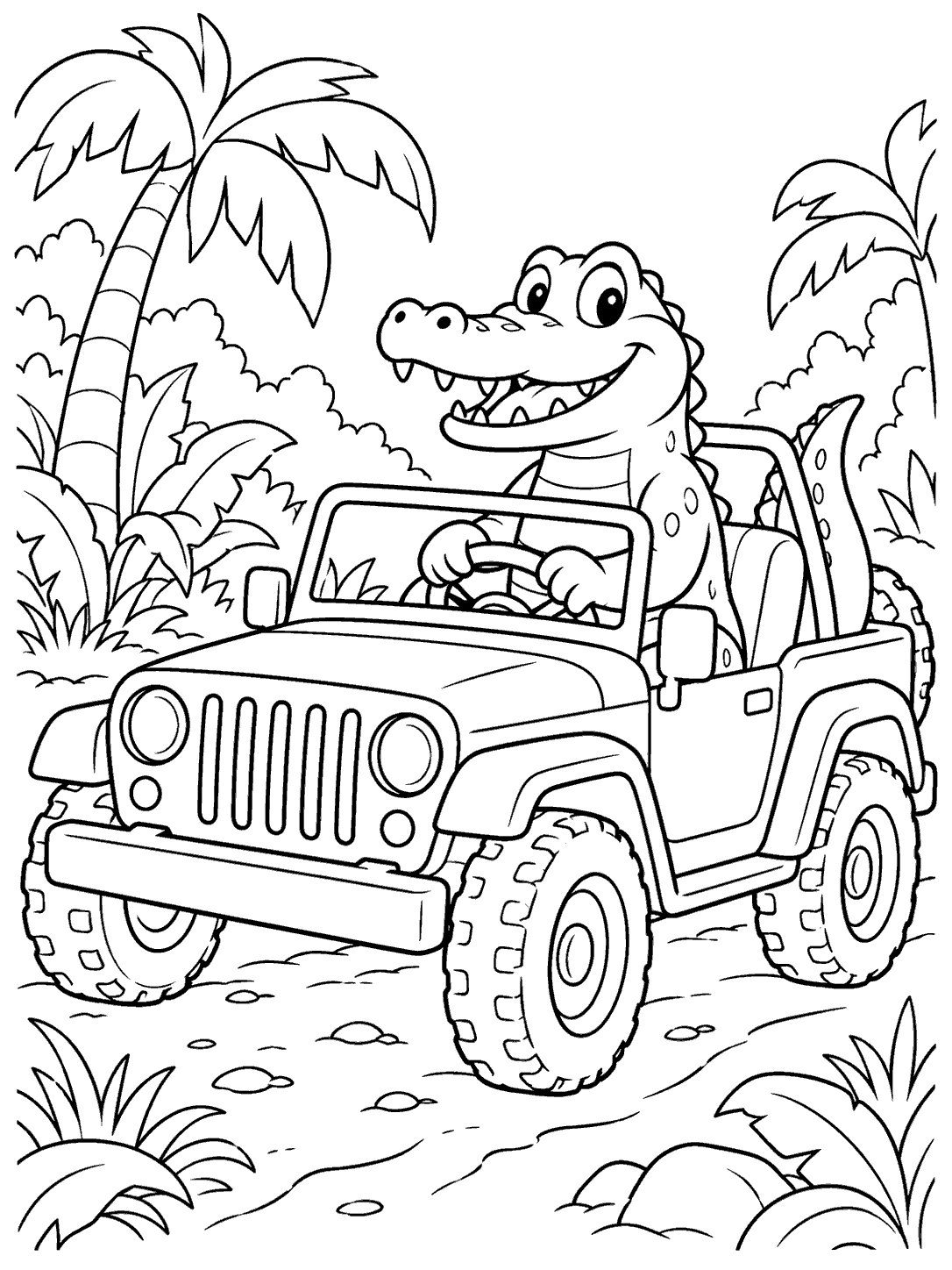 Friendly crocodile holding the steering wheel of a detailed open-top jeep on a jungle trail, with palms and plants around it.