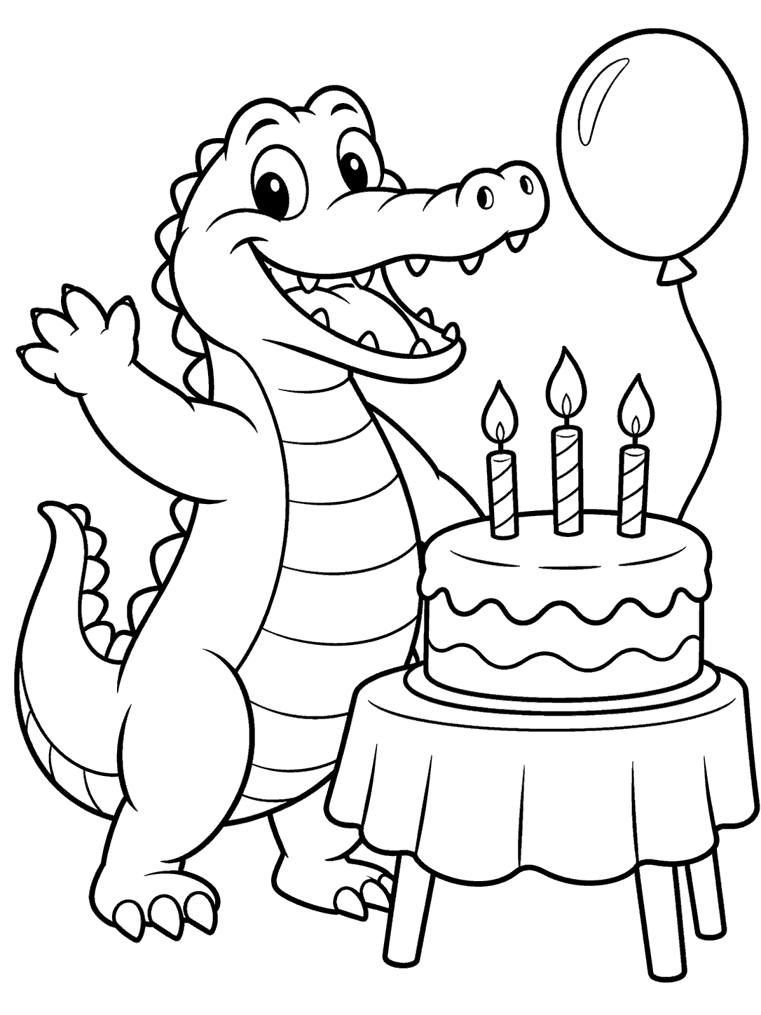 Cheerful crocodile beside a three-candle birthday cake on a small table, with a balloon behind it.