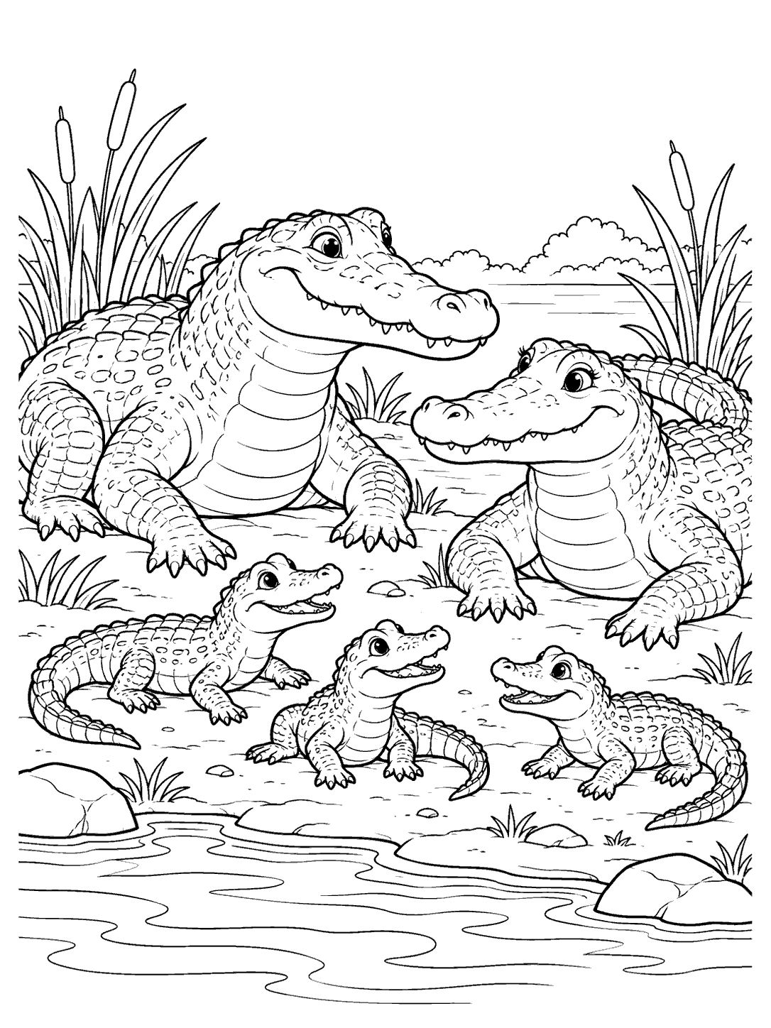 Two adult crocodiles and three small hatchlings gathered on a riverbank with reeds and a simple waterline.