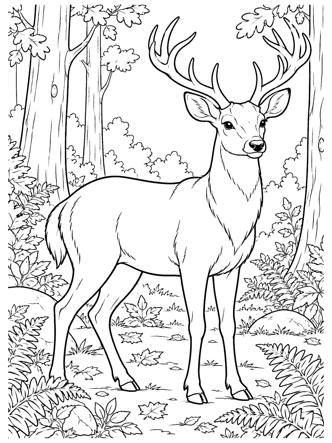 Black-and-white coloring page showing a standing antlered deer in a woodland clearing framed by ferns, leaves, and tree trunks.
