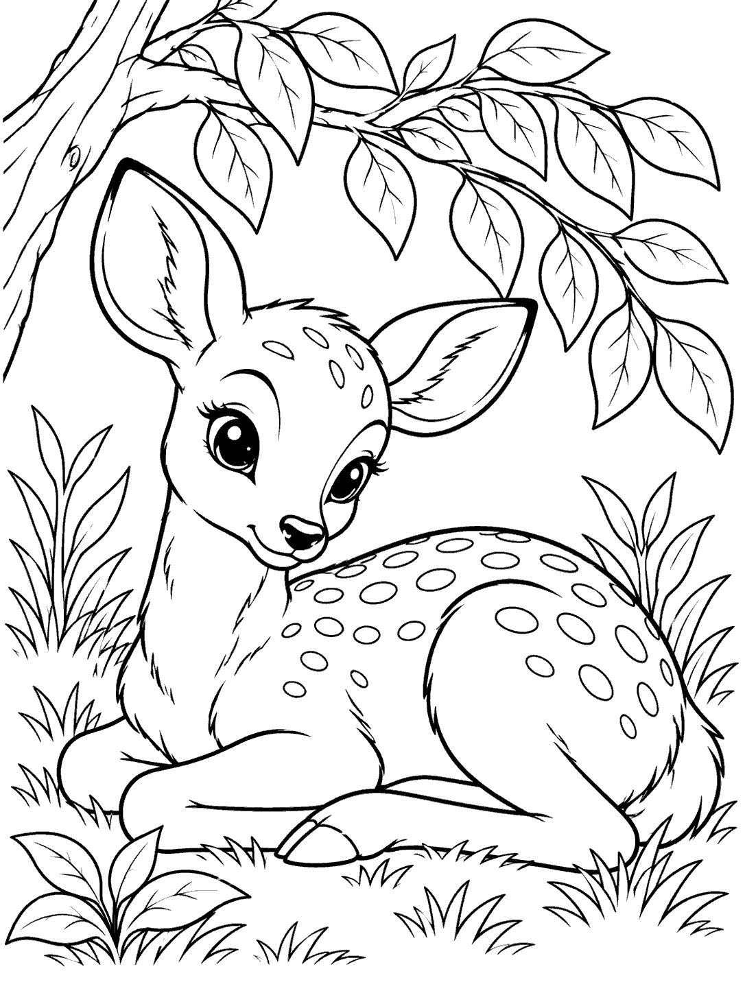 A curled spotted fawn rests among grasses beneath a leafy branch.