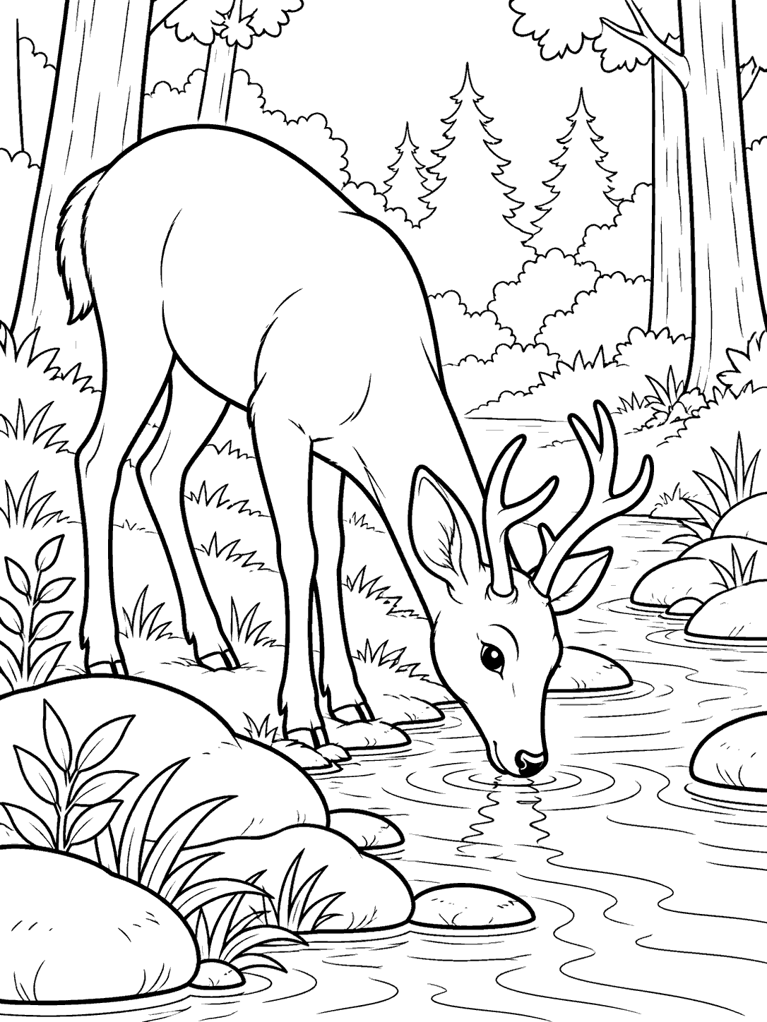 A deer lowering its head to drink from a forest stream, surrounded by stones, plants, and trees.