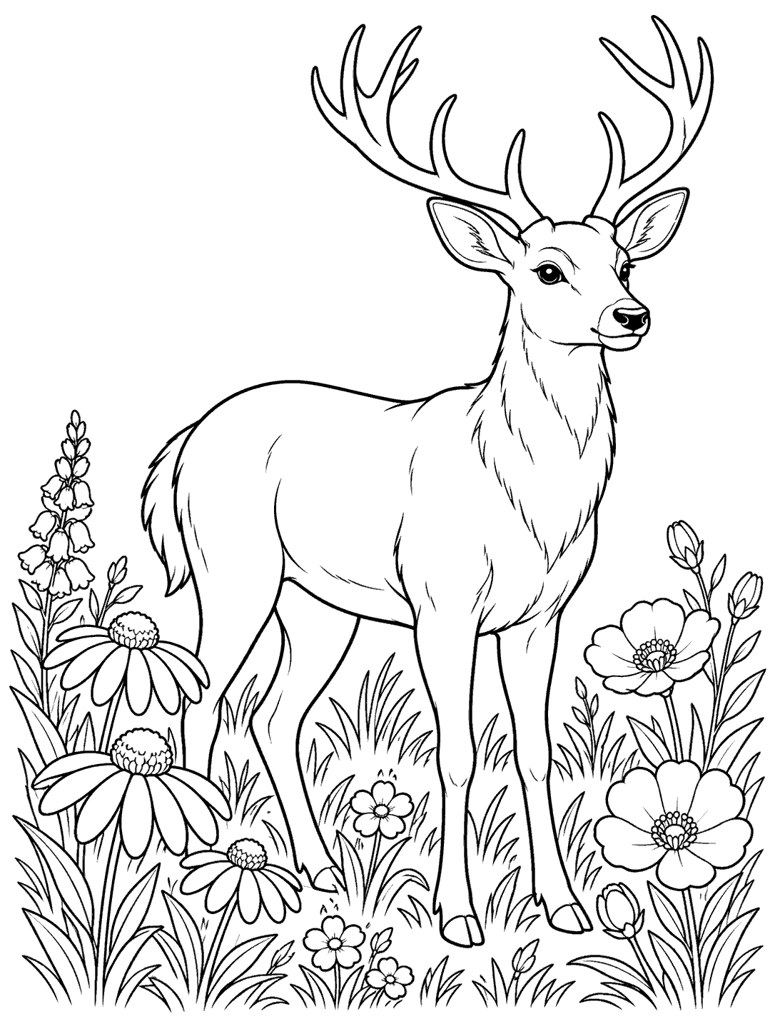 Black-and-white coloring page of an antlered deer standing among wildflowers and meadow grass