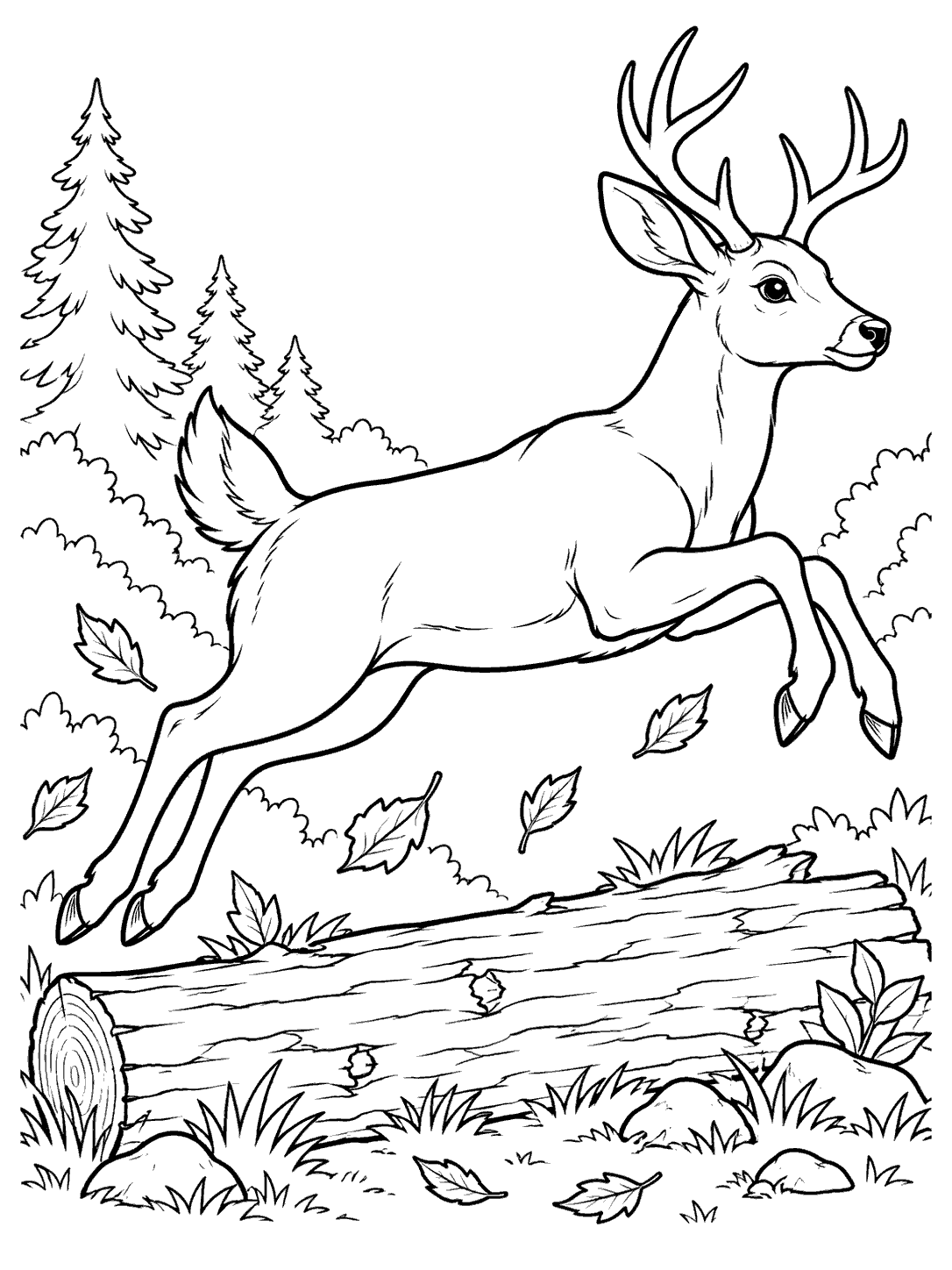 A leaping antlered deer clears a fallen log, with leaves, trees, and simple forest plants around it.