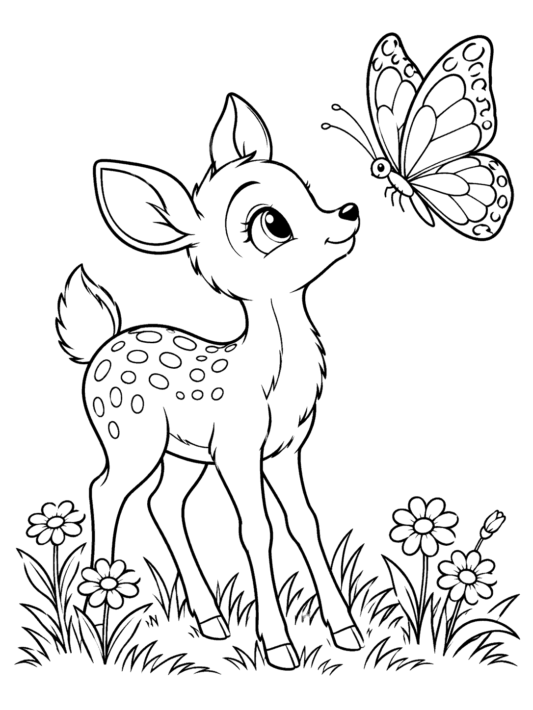 A young spotted deer looks up at a large butterfly above grass and flowers.
