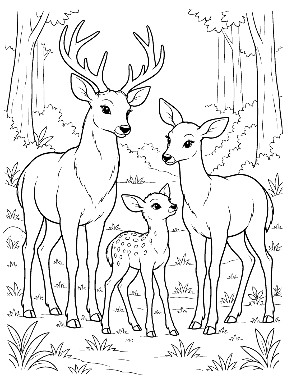 Two adult deer and a spotted fawn among grasses and trees