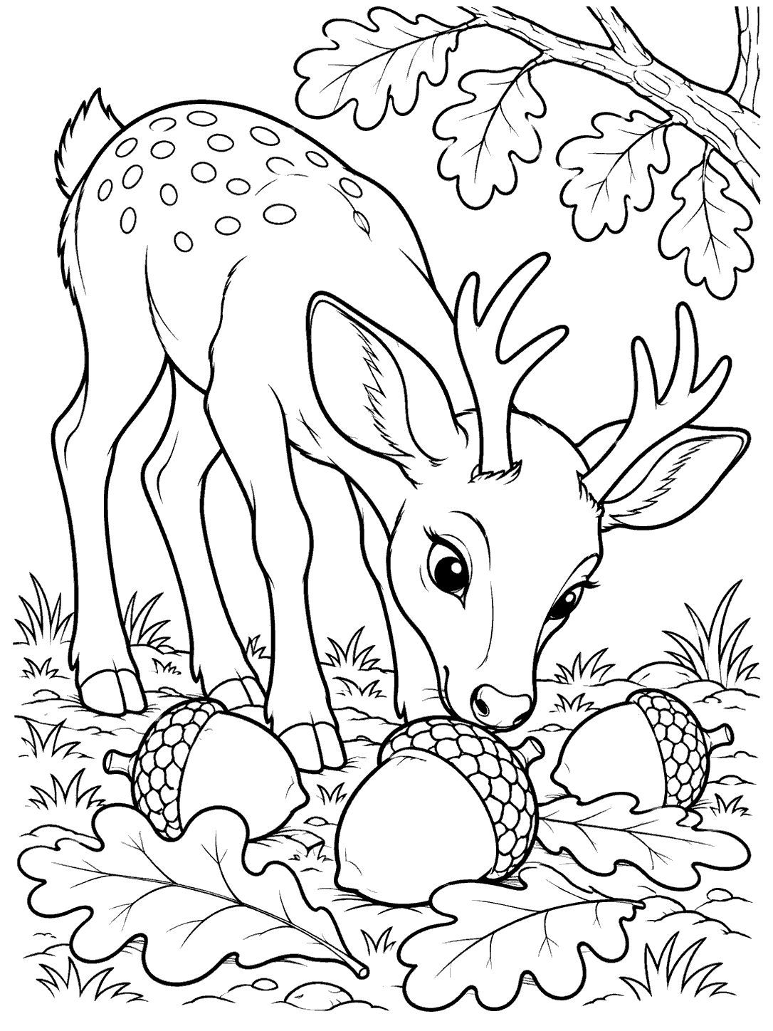 Spotted deer lowering its head toward three oversized acorns beneath oak leaves