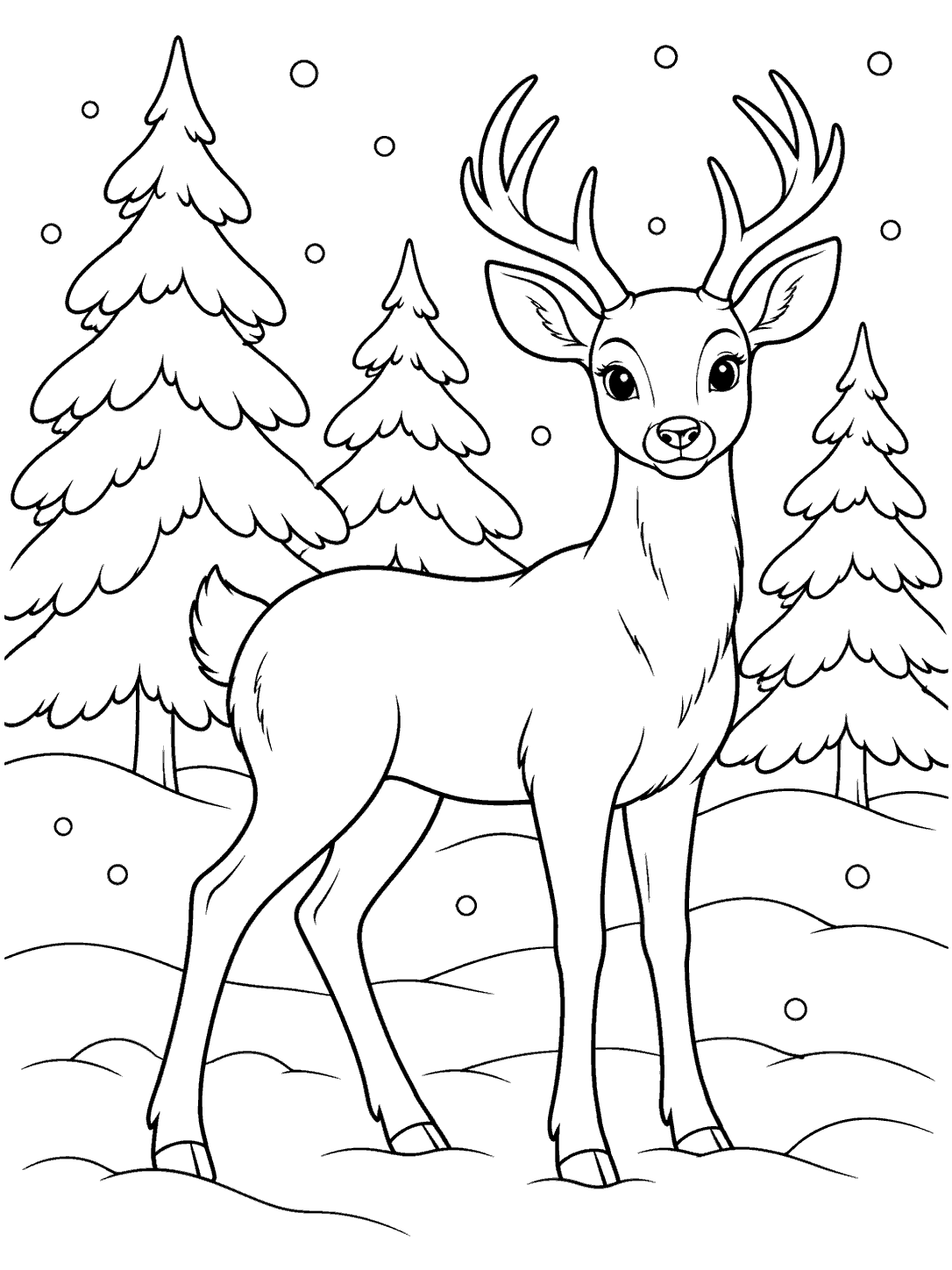 A large antlered deer stands among three pine trees as snowflakes fall over rounded snow mounds.