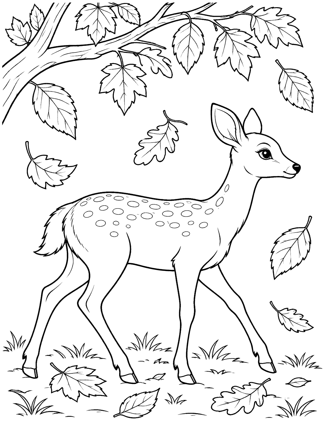 Black-and-white coloring page showing a spotted deer walking in profile beneath a branch, surrounded by falling leaves and a few leaves on the ground.