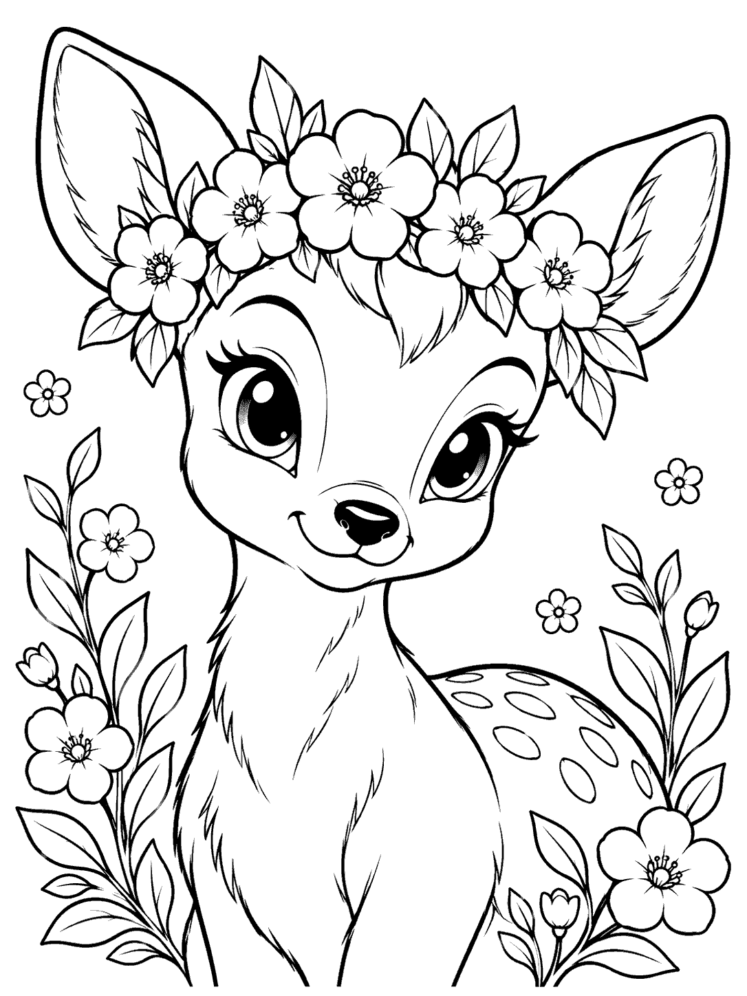 Friendly fawn with a five-flower crown, surrounded by blossoms and leafy sprigs in a black-and-white coloring page.