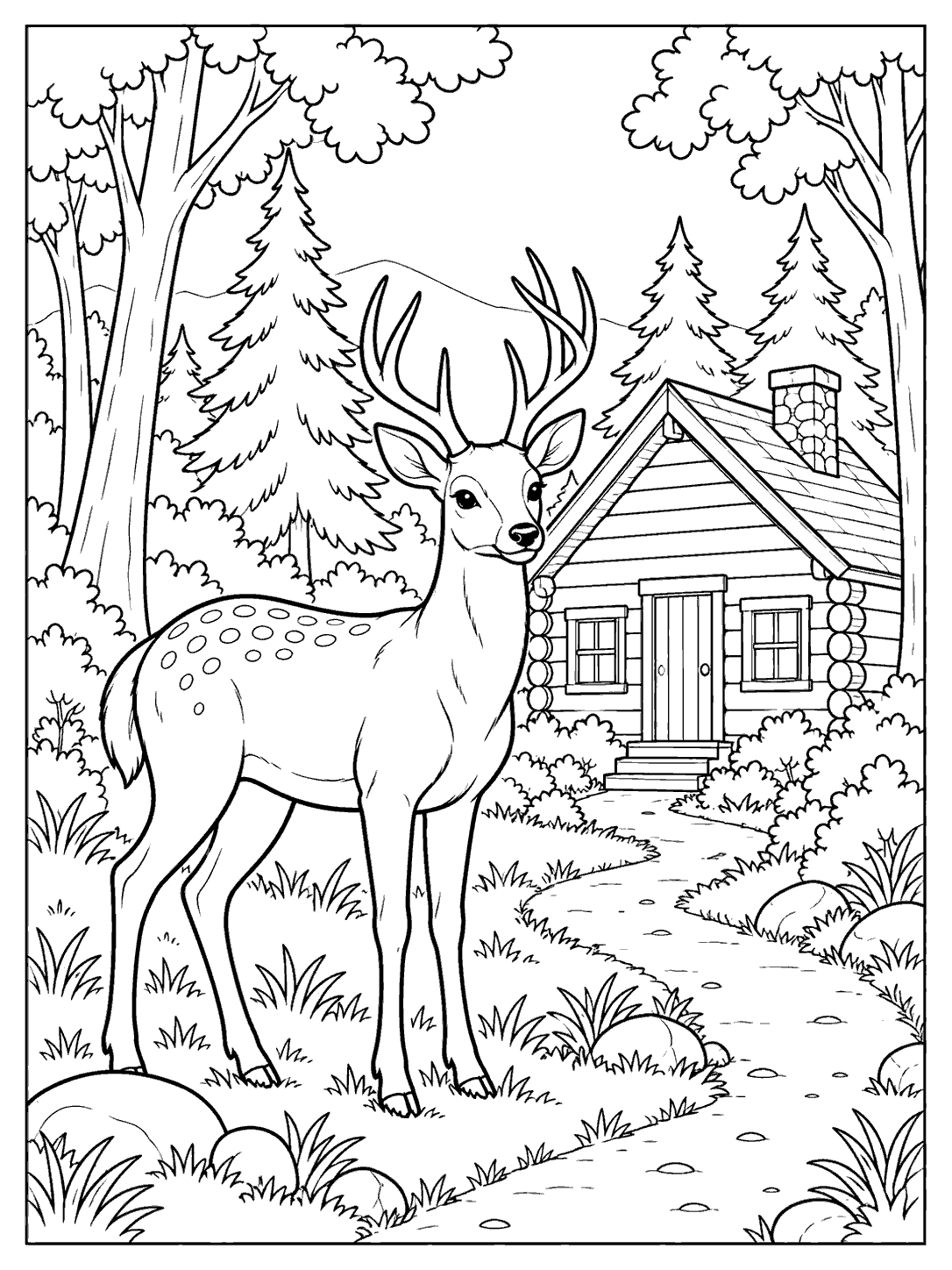 Black line art of a deer standing beside a log cabin among trees, with a winding path.
