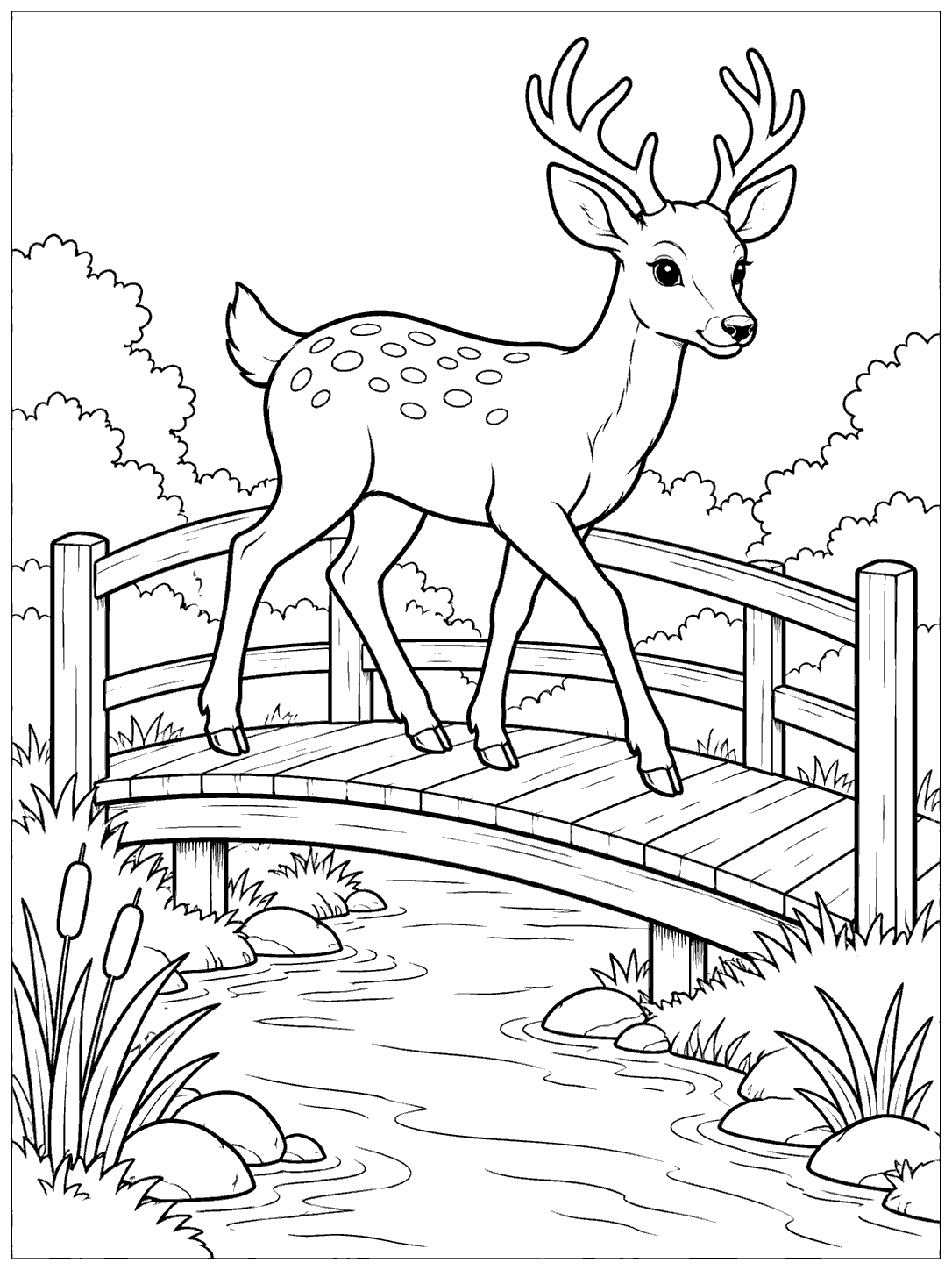 A spotted deer walks across a wooden footbridge over a narrow stream bordered by reeds and rocks.