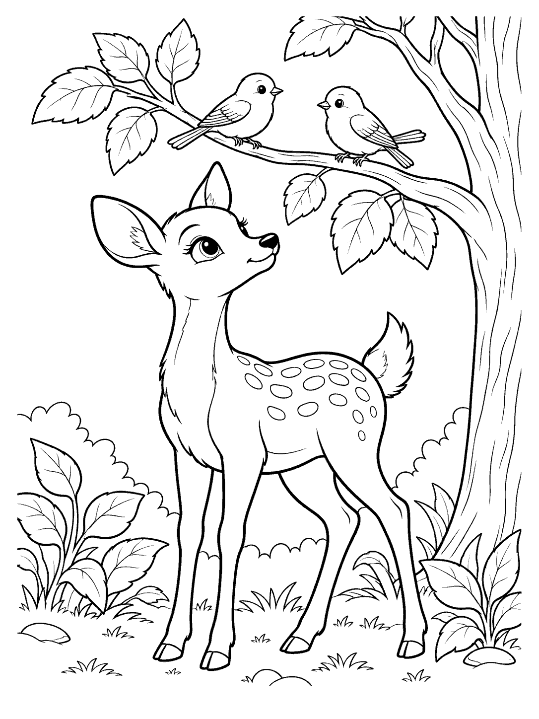 A spotted fawn stands beneath a leafy tree branch with two small birds perched above it, surrounded by plants and a simple forest floor.