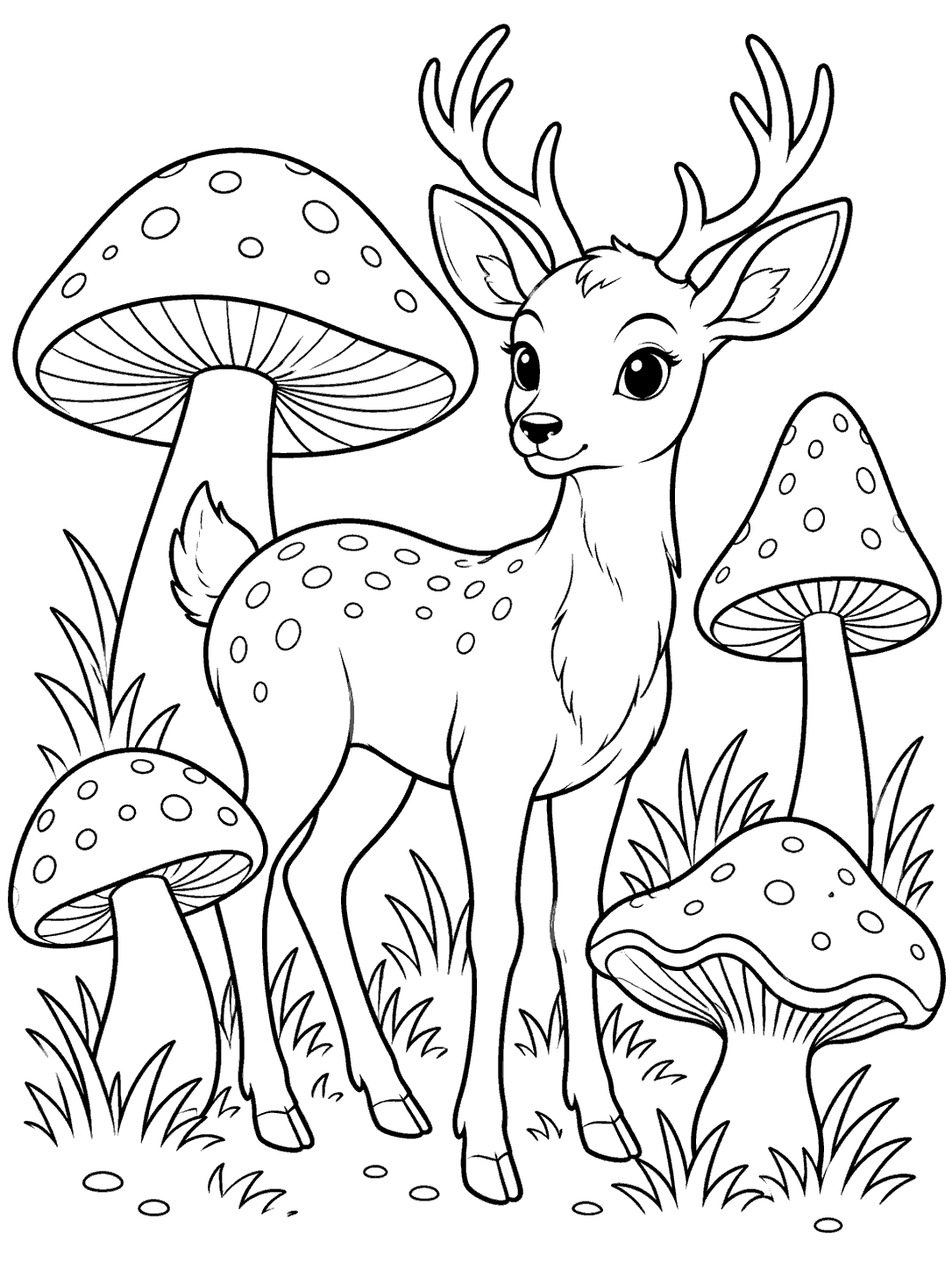 A wide-eyed deer surrounded by four dotted mushrooms and grass tufts in black outline.