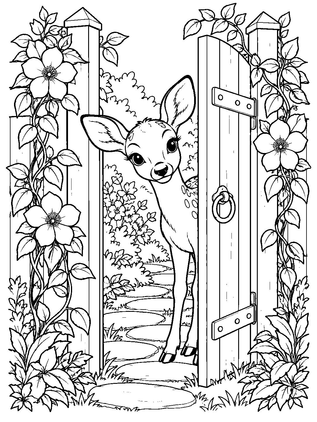 A young deer peeking between wooden garden gate boards, surrounded by climbing vines, flowers, and stepping stones.