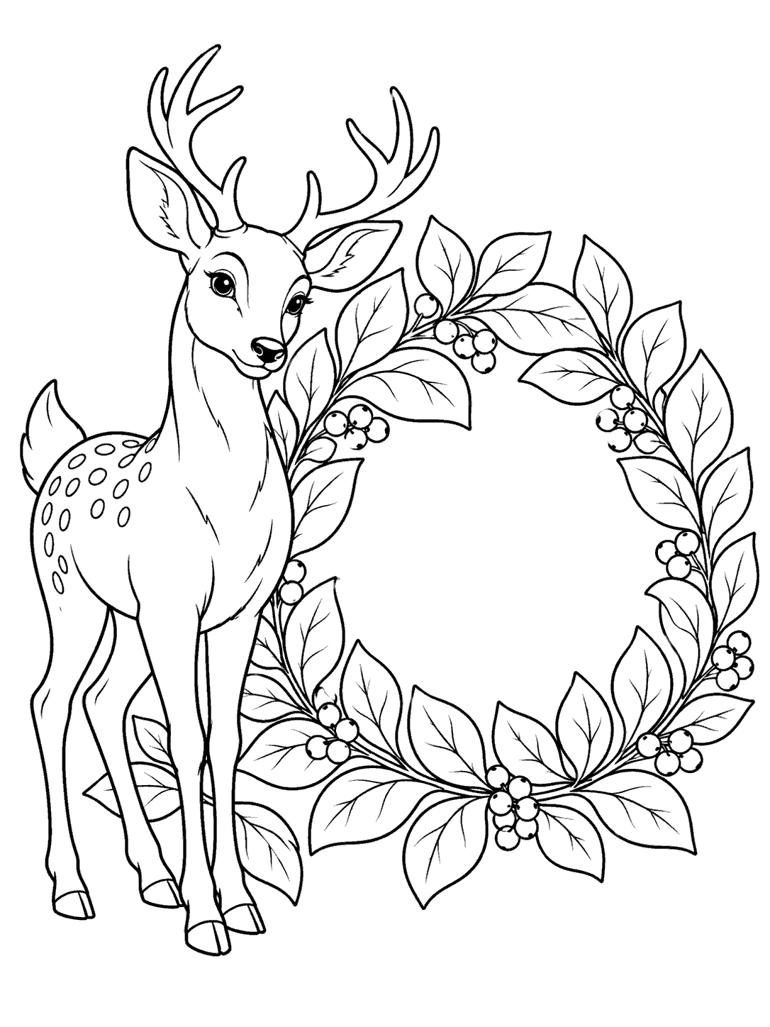 A spotted deer beside a large round wreath of outlined leaves and berries