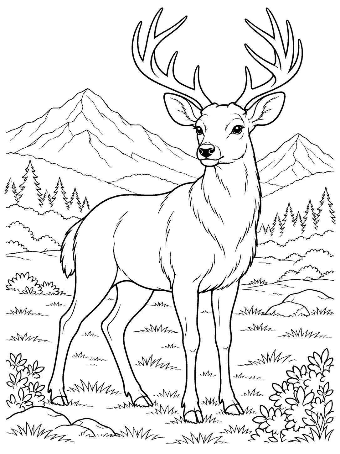 Antlered deer in an open mountain clearing, framed by shrubs, trees, and two distant peaks.