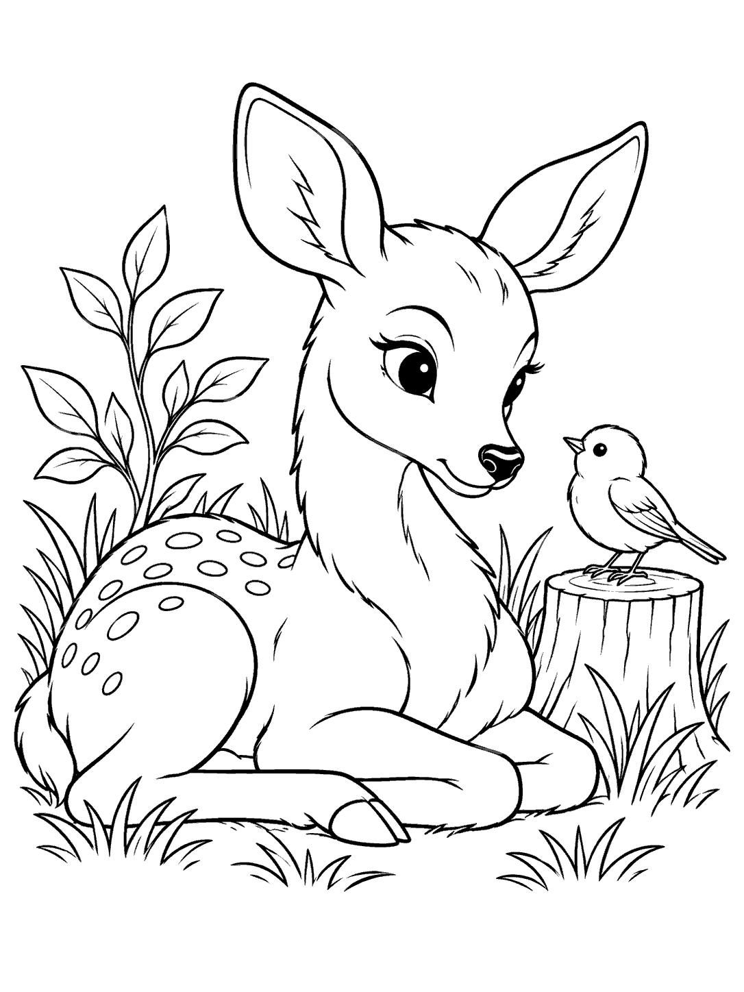 A resting spotted deer beside a small bird perched on a stump, with leafy sprig and grass