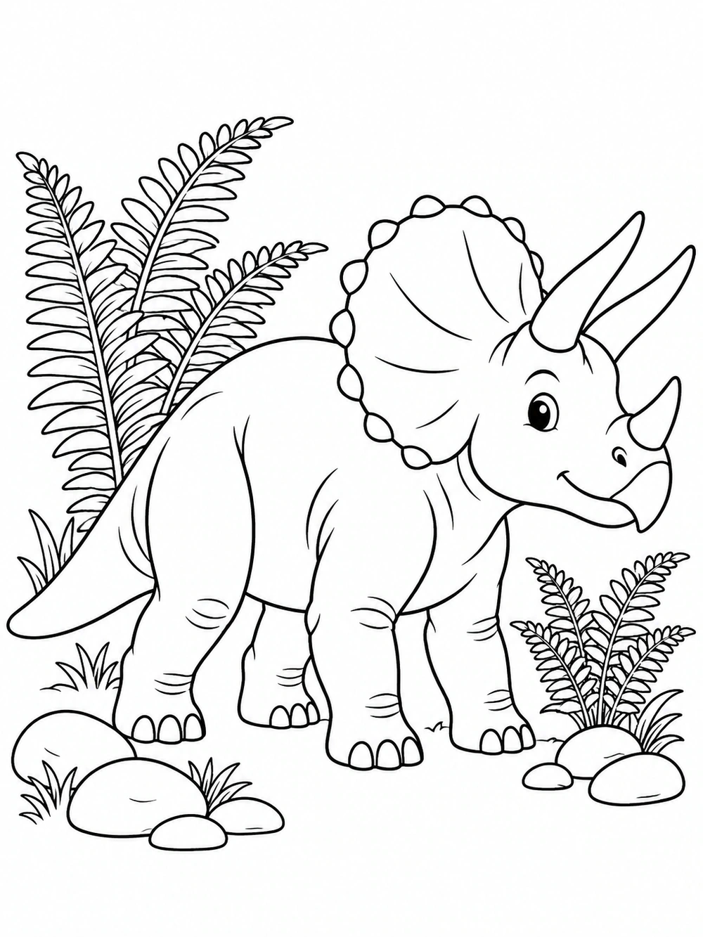 Triceratops Dinosaur black-and-white coloring illustration with Ferns