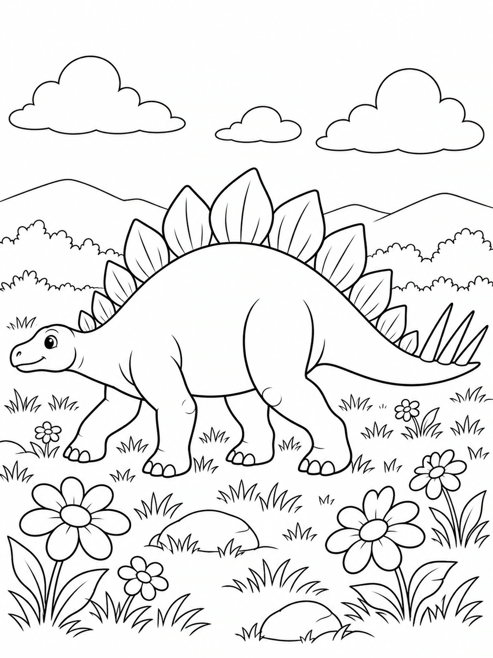 Stegosaurus Dinosaur black-and-white coloring illustration