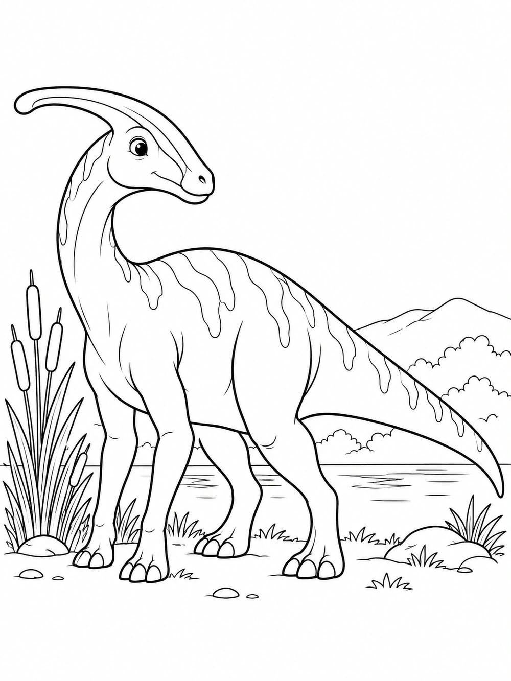 Parasaurolophus Dinosaur black-and-white coloring illustration