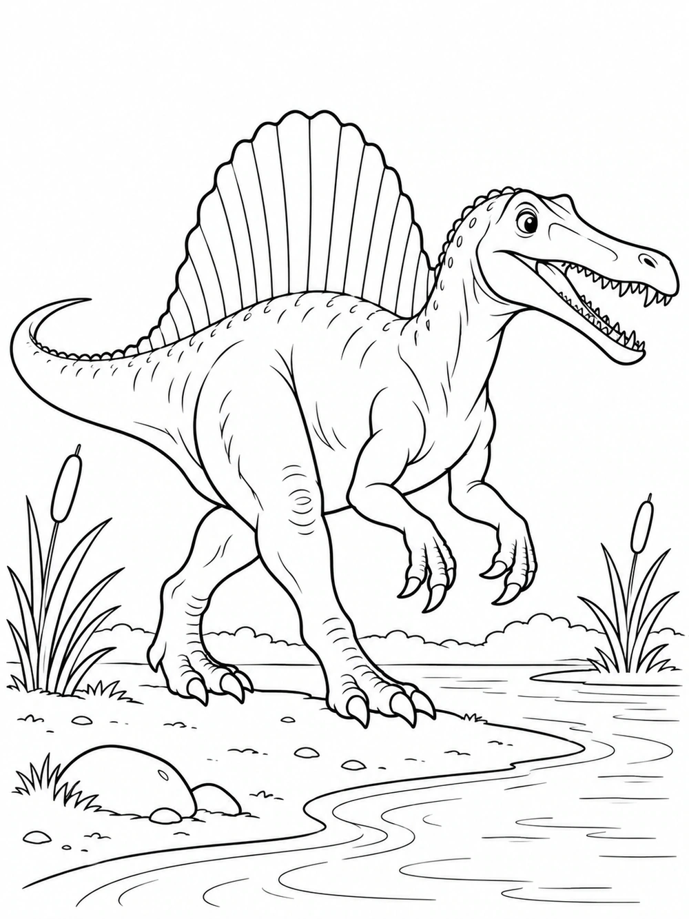 Spinosaurus Dinosaur black-and-white coloring illustration