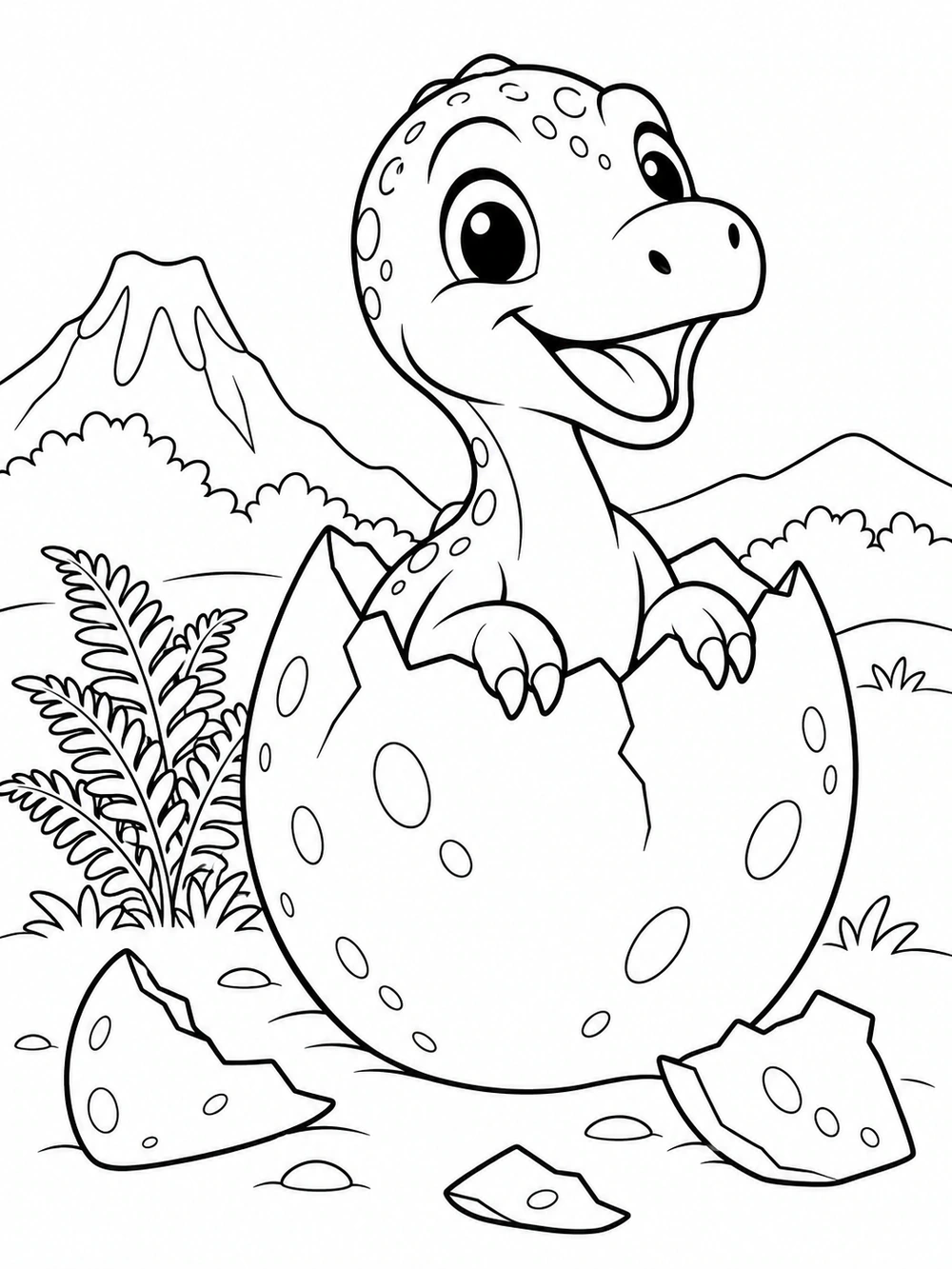 Hatching Baby Dinosaur black-and-white coloring illustration