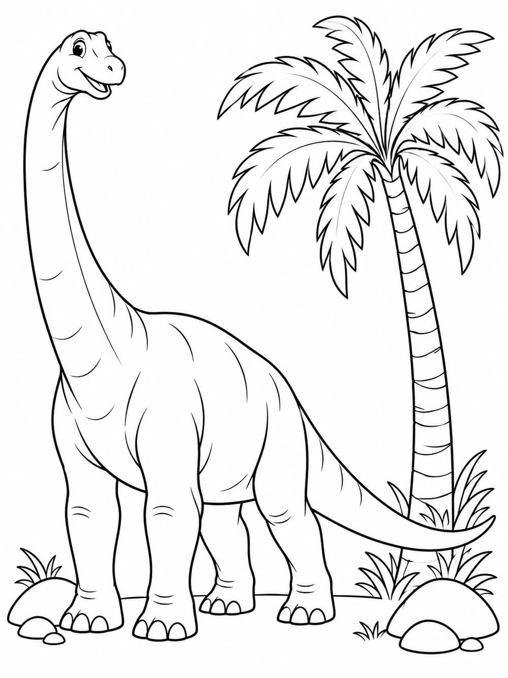 Dinosaur and Palm Tree black-and-white coloring illustration