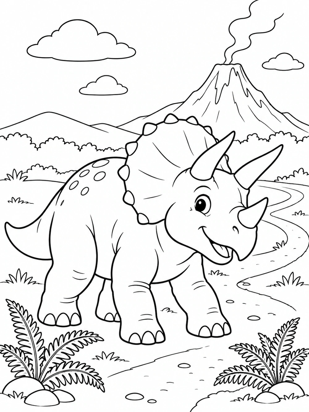Dinosaur and Volcano black-and-white coloring illustration