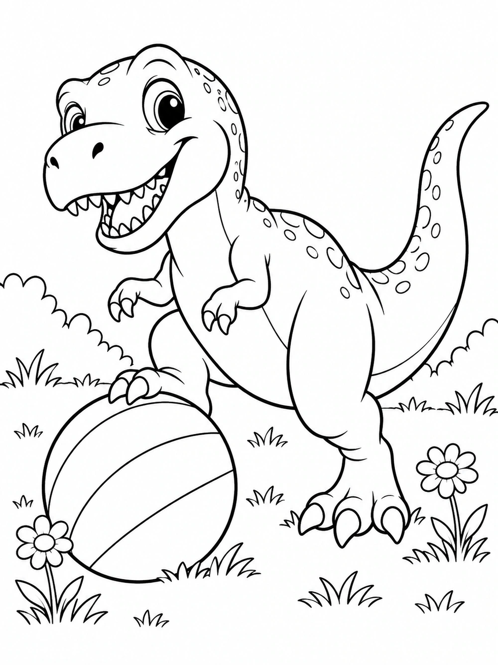 Playful Baby Dinosaur black-and-white coloring illustration