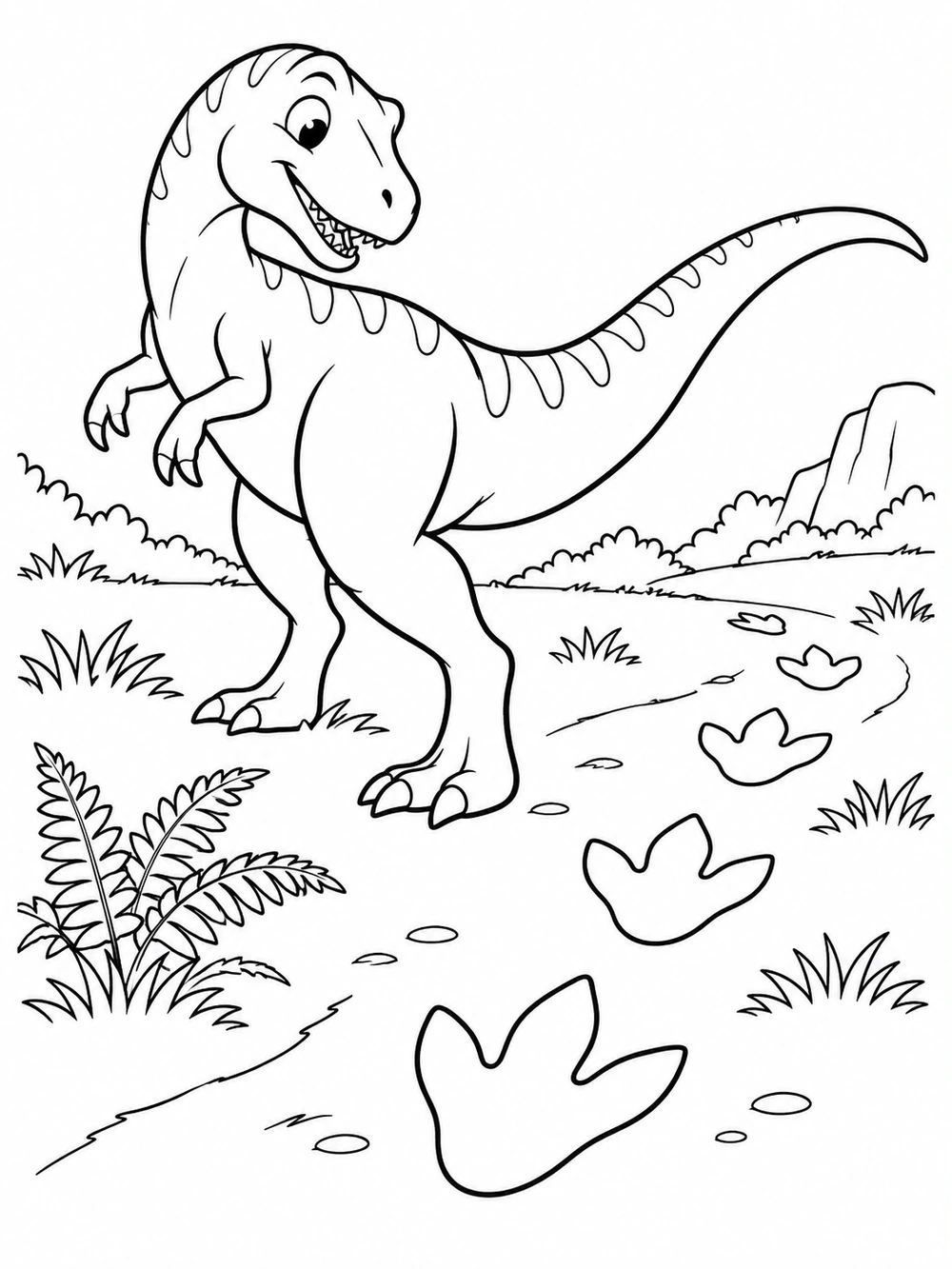Dinosaur Footprint Trail black-and-white coloring illustration