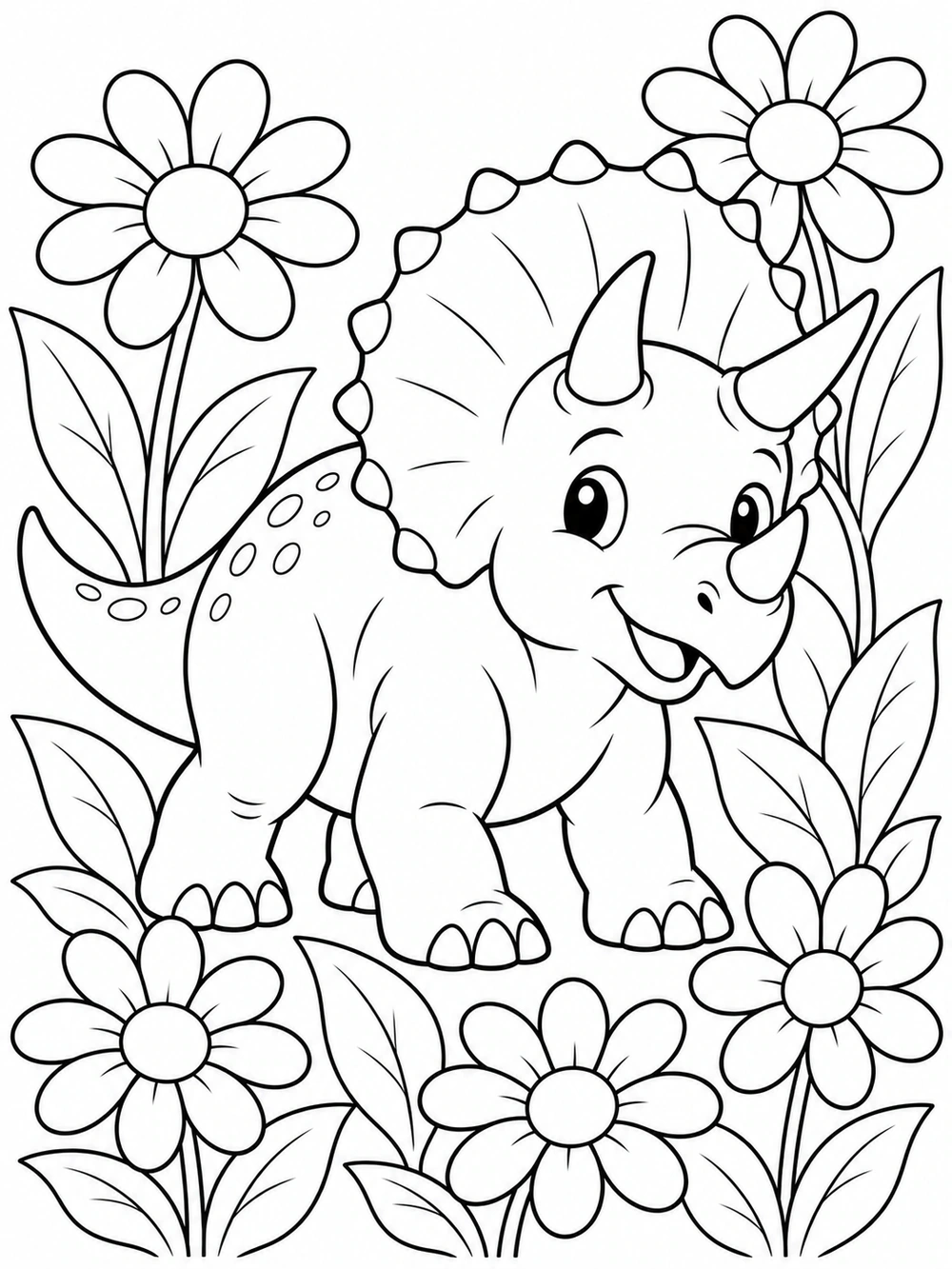 Triceratops Dinosaur black-and-white coloring illustration with Flowers