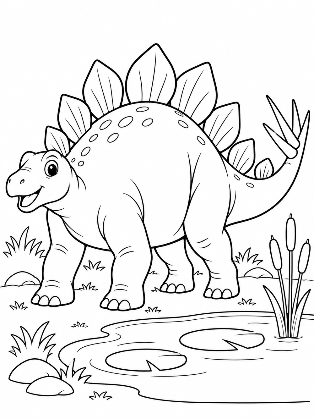 Stegosaurus Dinosaur Pond black-and-white coloring illustration
