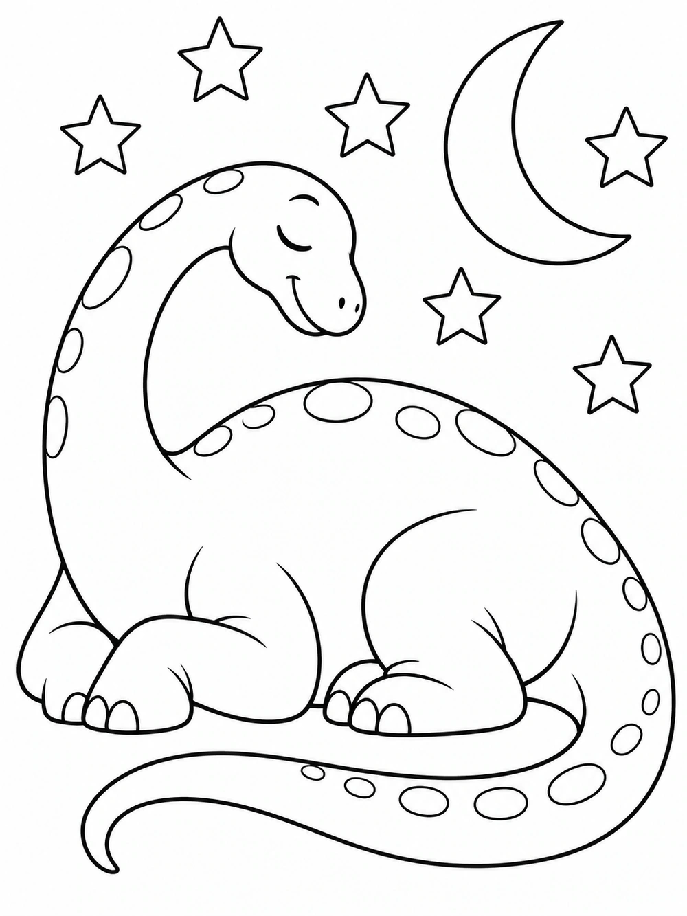 Sleepy Long-Neck Dinosaur black-and-white coloring illustration