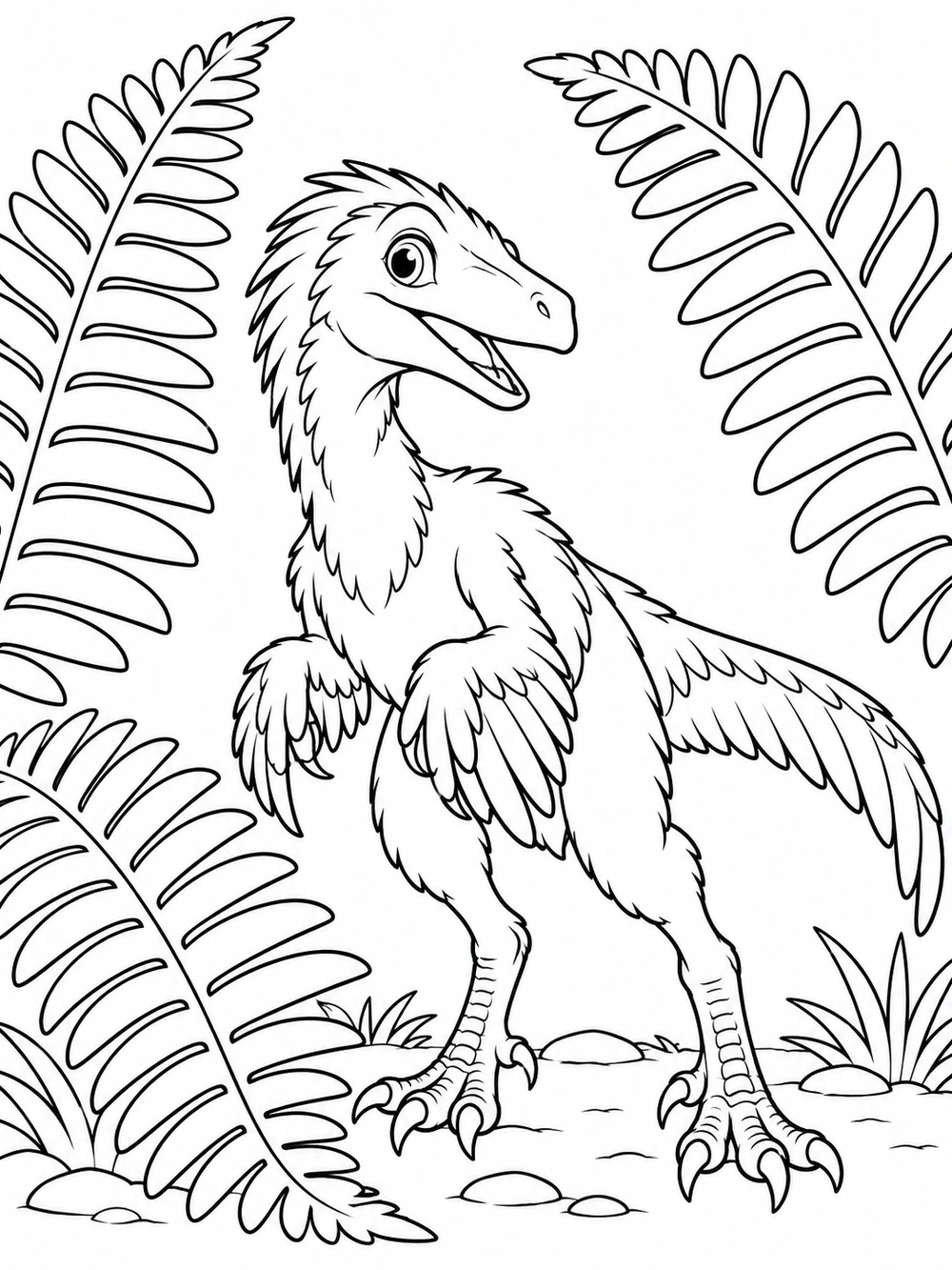 Dinosaur Fern Forest black-and-white coloring illustration