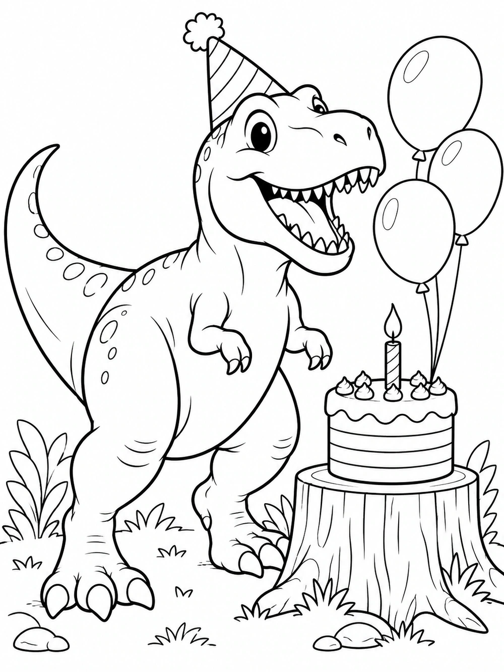 Birthday Dinosaur black-and-white coloring illustration