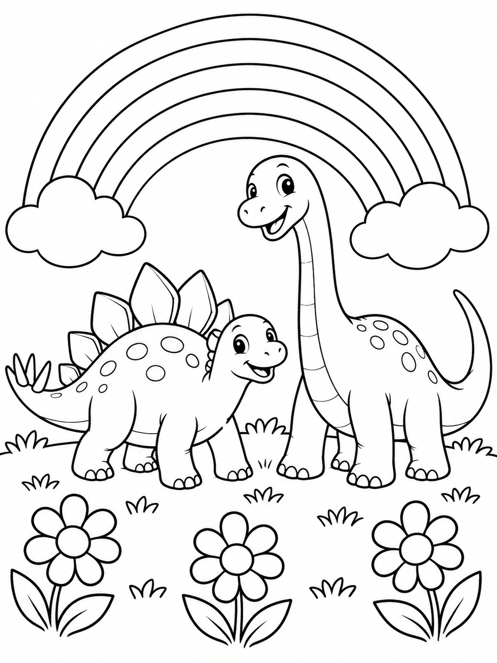 Dinosaur and Rainbow black-and-white coloring illustration