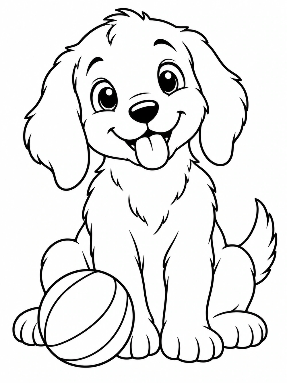 A friendly floppy-eared puppy sitting beside a ball on a white coloring page.