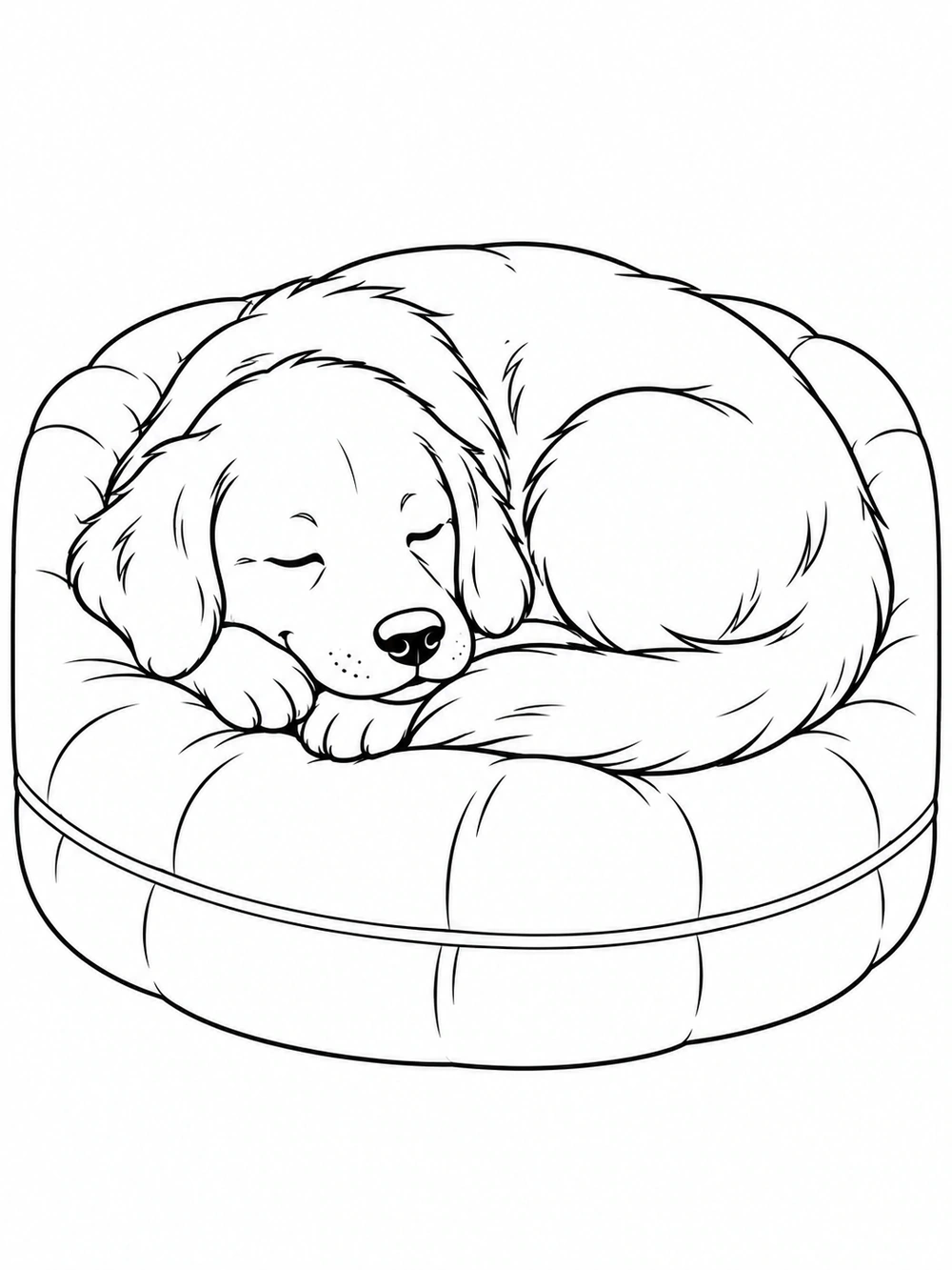 A curled-up dog sleeping on a cushion in a simple coloring page design.