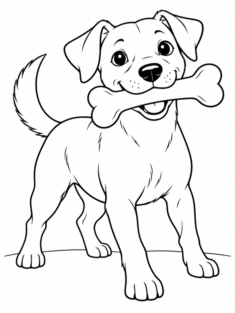 A happy dog holding a bone-shaped toy, drawn with clear outlines for coloring.
