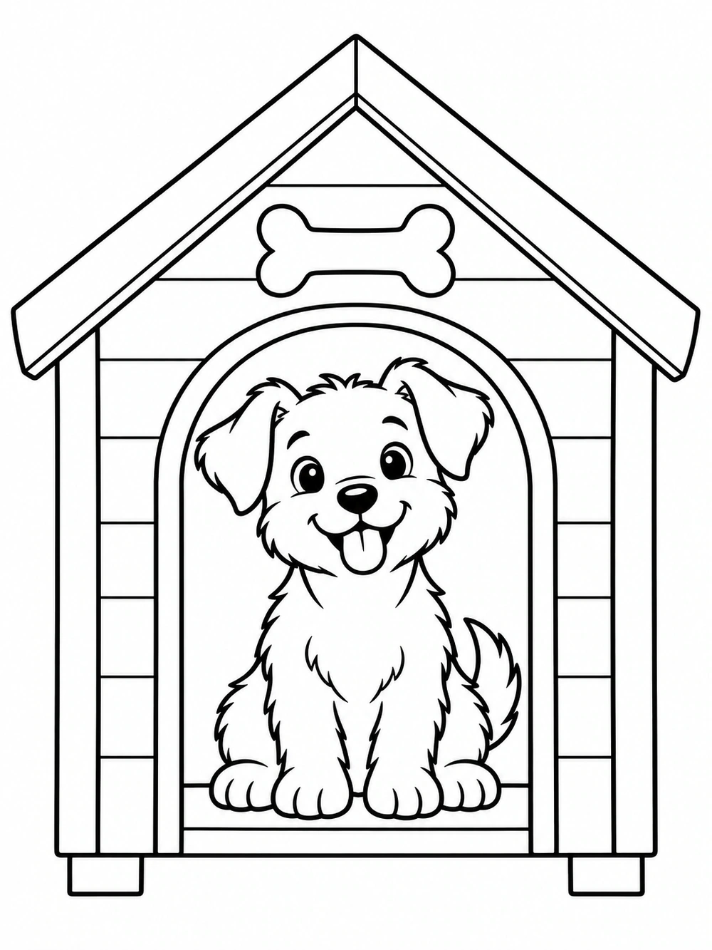 A friendly dog sitting inside a simple doghouse with a pitched roof and bone emblem, drawn in black outlines for coloring.