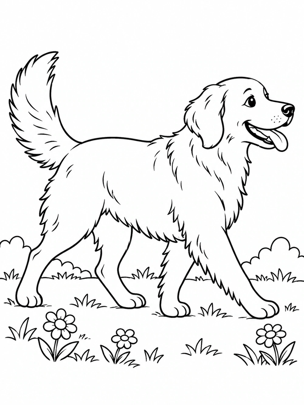A happy dog walking outdoors past a few flowers on a printable coloring page.