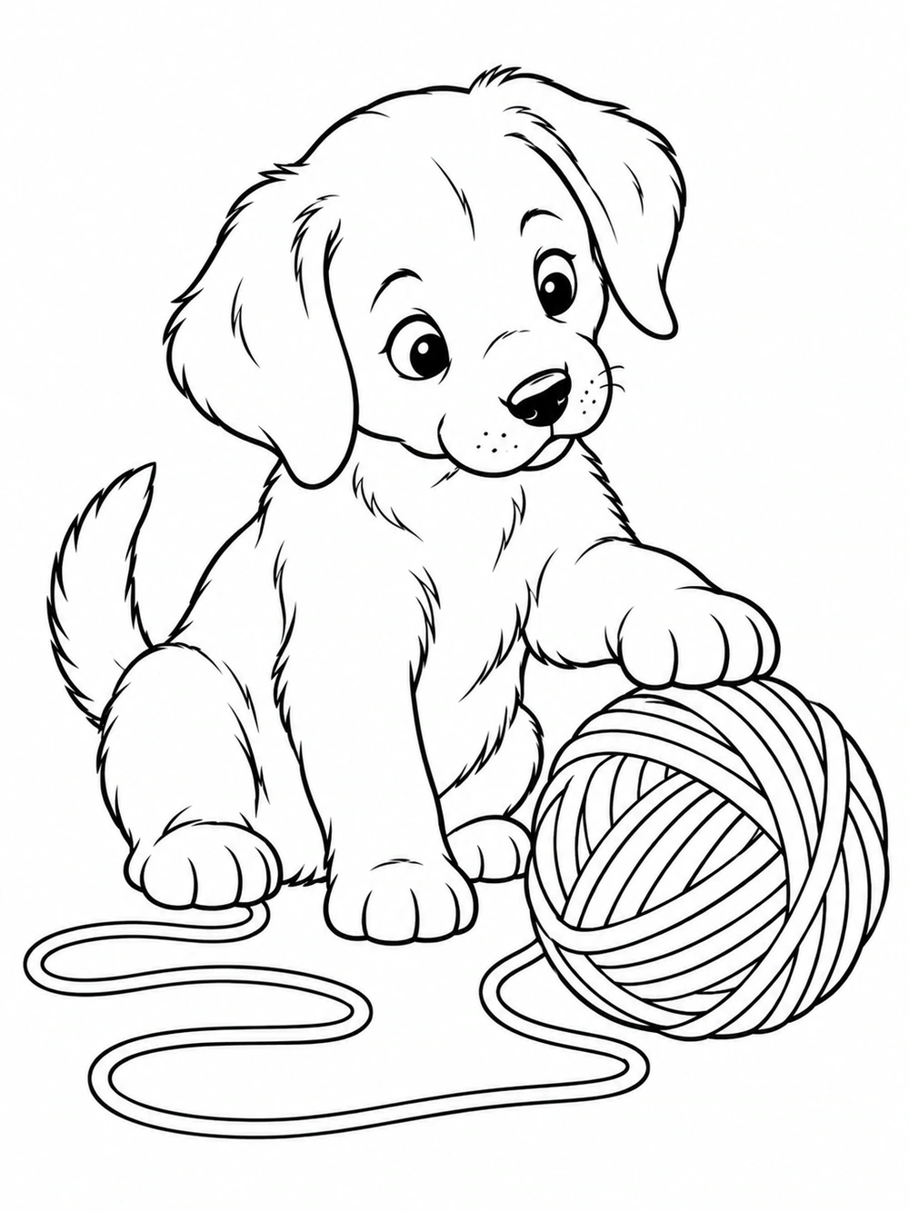 A curious puppy batting a ball of yarn in a simple black-and-white design.