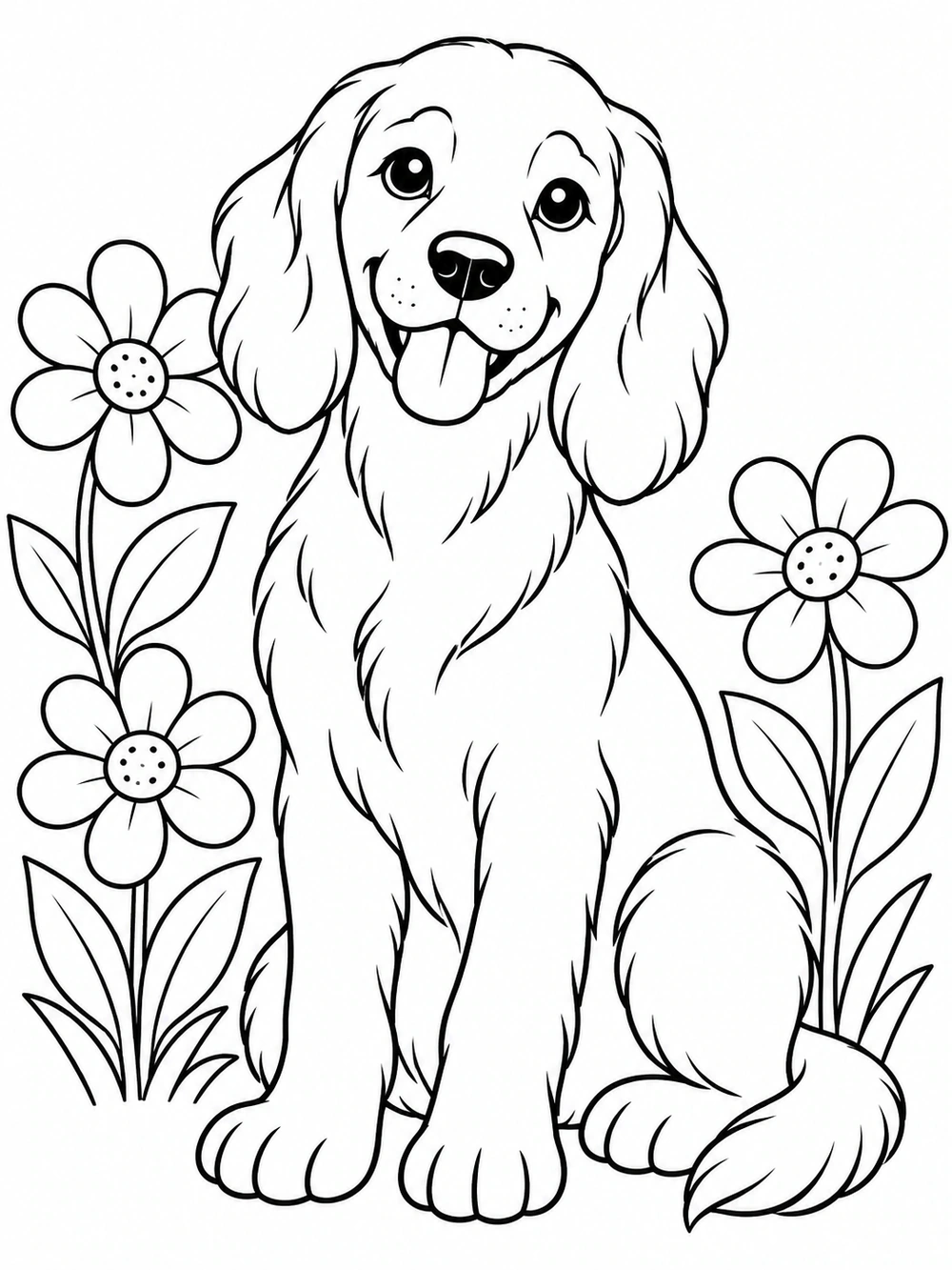 A floppy-eared dog sitting among large flowers and broad leaves in a garden coloring page.