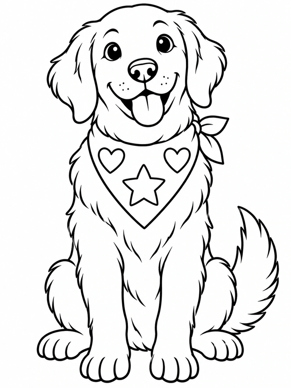 A smiling dog wearing a simple patterned bandana, ready to color.